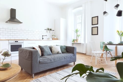 Styled short-term rental living room prepared for guest arrival
